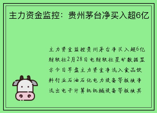 主力资金监控：贵州茅台净买入超6亿