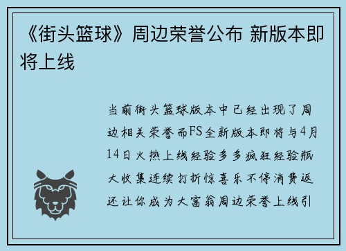 《街头篮球》周边荣誉公布 新版本即将上线