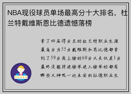 NBA现役球员单场最高分十大排名，杜兰特戴维斯恩比德遗憾落榜