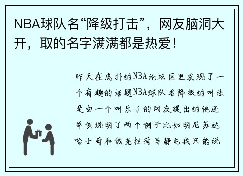 NBA球队名“降级打击”，网友脑洞大开，取的名字满满都是热爱！