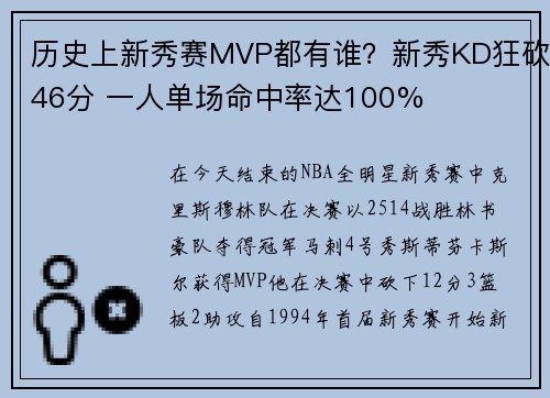 历史上新秀赛MVP都有谁？新秀KD狂砍46分 一人单场命中率达100%