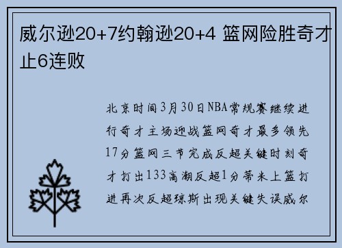 威尔逊20+7约翰逊20+4 篮网险胜奇才止6连败