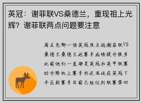 英冠：谢菲联VS桑德兰，重现祖上光辉？谢菲联两点问题要注意