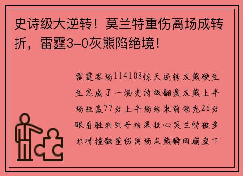 史诗级大逆转！莫兰特重伤离场成转折，雷霆3-0灰熊陷绝境！